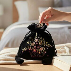 Vintage Kinchaku Style Bag Black Velvet Purse Embroidered Drawstring